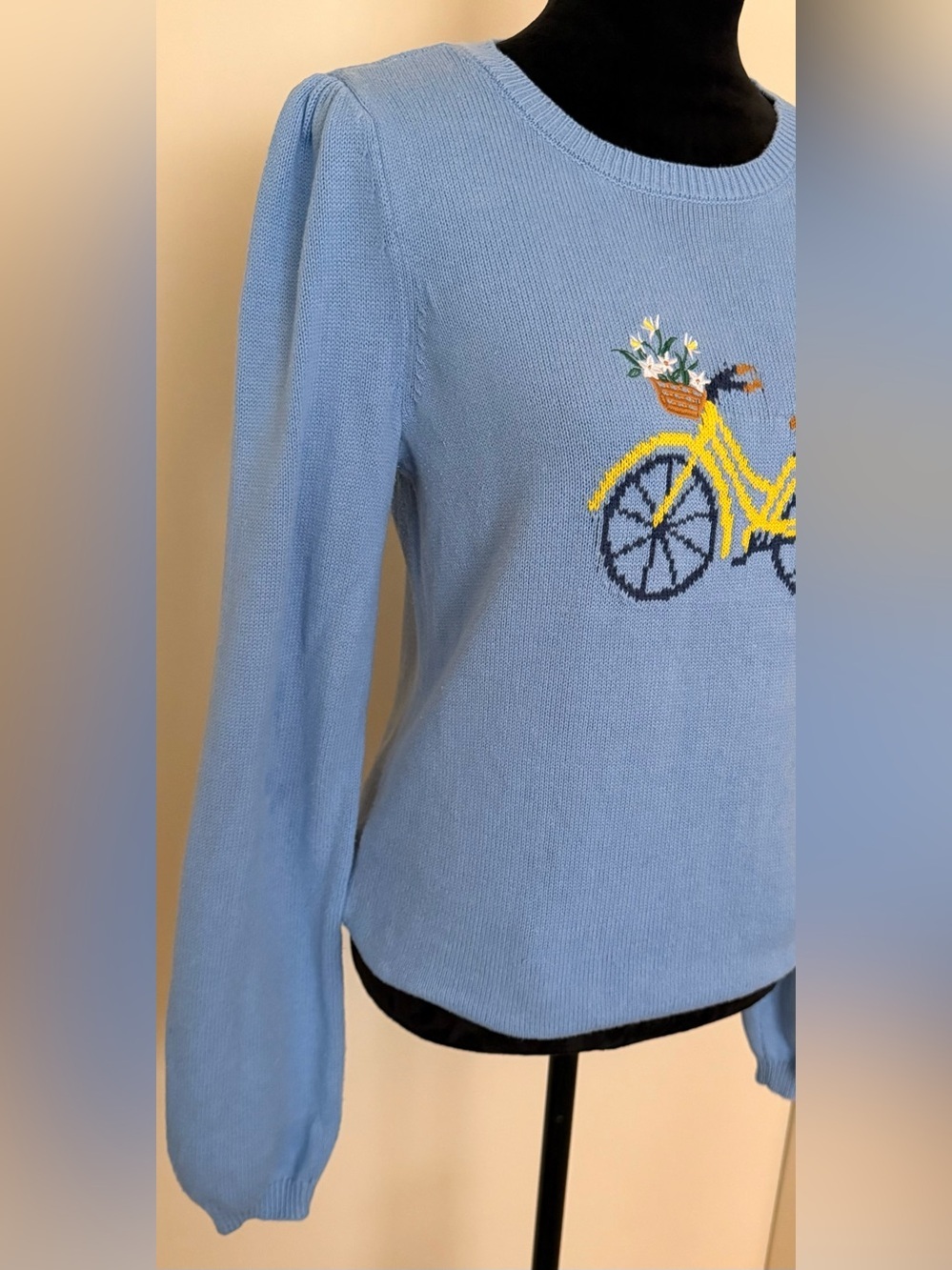 LOFT Sky Blue Puff Sleeve Parisian Chic Bicycle Classic Americana Knit Sweater-M - Picture 3 of 6